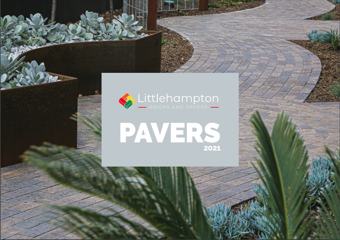 Littlehampton Bricks and Pavers - pavers brochure cover with a pathway of brown pavers between a garden with green succulents