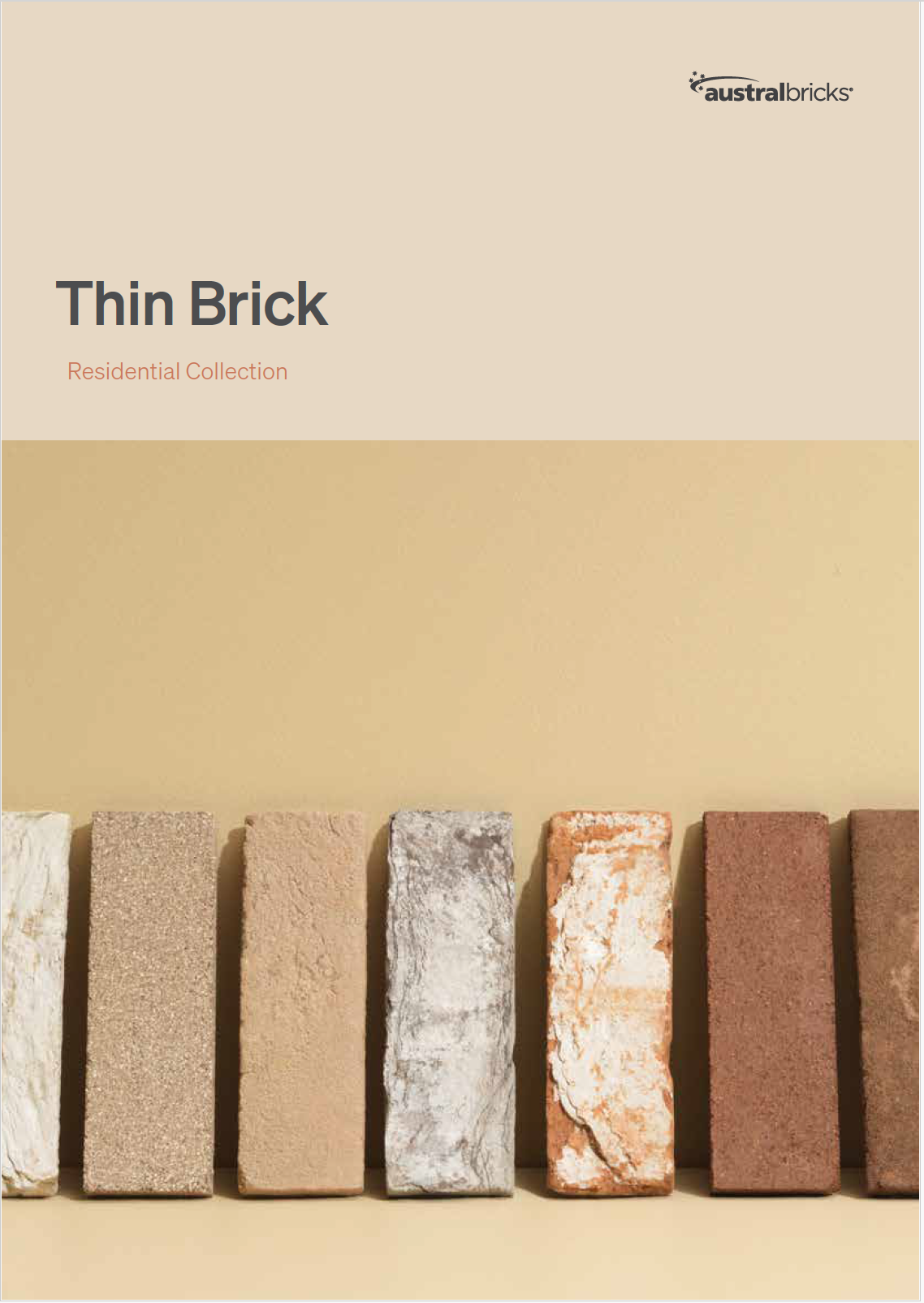 Austral Thin Brick Brochure cover with the heading Thin Brick and a row of recycled-looking clay bricks under the heading