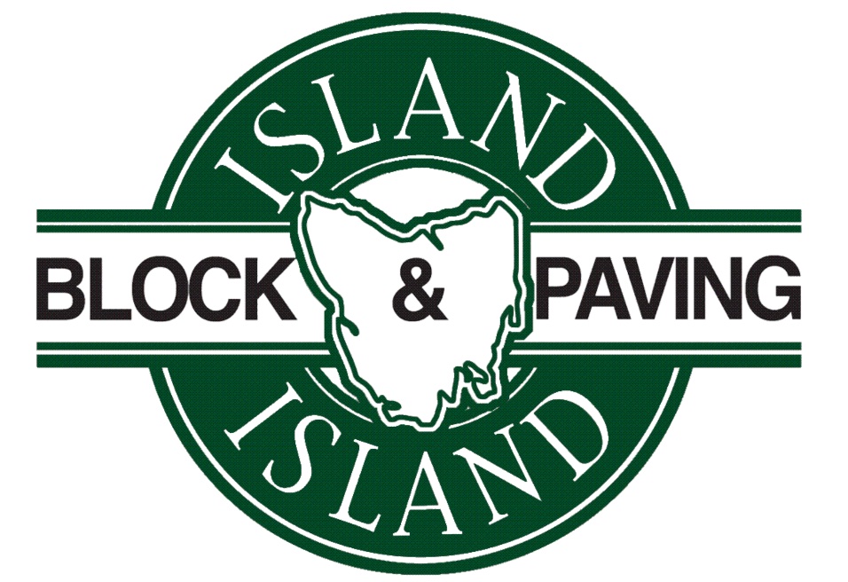 The logo features a green circular badge with the words Island Block & Paving around and across a central map outline of an island, reflecting Architectural Designer Products craftsmanship, all set against a pristine white background.