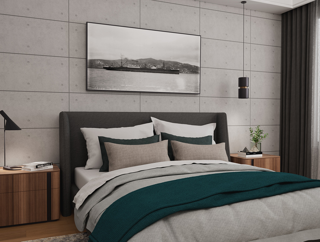 A modern bedroom showcases architectural designer products with a neatly made bed featuring green and beige bedding. Wooden nightstands, adorned with a lamp and plant, flank each side. A black and white landscape photo graces the concrete-textured wall, while dark curtains elegantly frame the window.