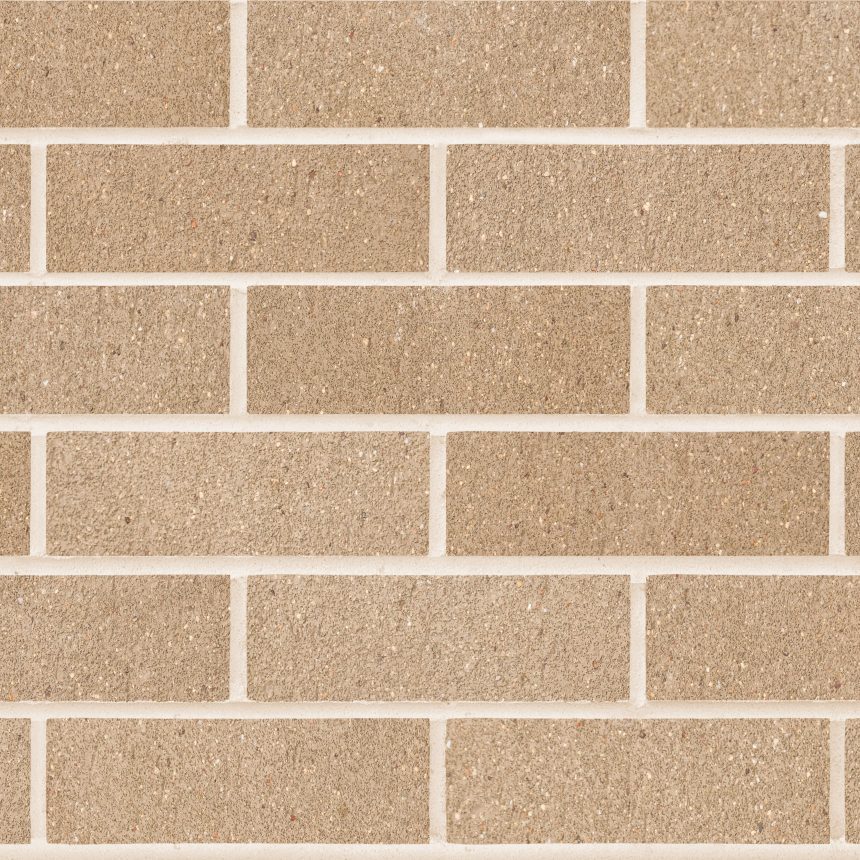 The close-up view of the Everyday Life Engage beige brick wall reveals its emblematic horizontal pattern, where uniform bricks with rough textures seamlessly contrast against the clean lines of white mortar, creating an engaging aesthetic.