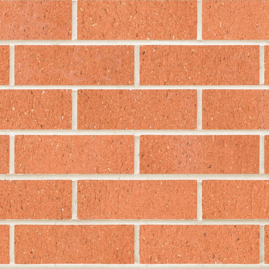 Image of a red brick wall with a uniform pattern of horizontal rows, reflecting the orderliness embodied by the Everyday Life Stimulate product. Each row is staggered, so vertical joints aren't aligned, creating a classic running bond brickwork appearance. The bricks exhibit a slightly rough texture.