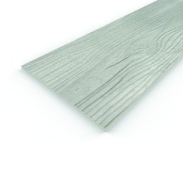 A close-up of a Duraplank™ Woodgrain panel, featuring a light grey finish and a textured grain pattern. The rectangular wood panel is positioned diagonally against a plain white background.
