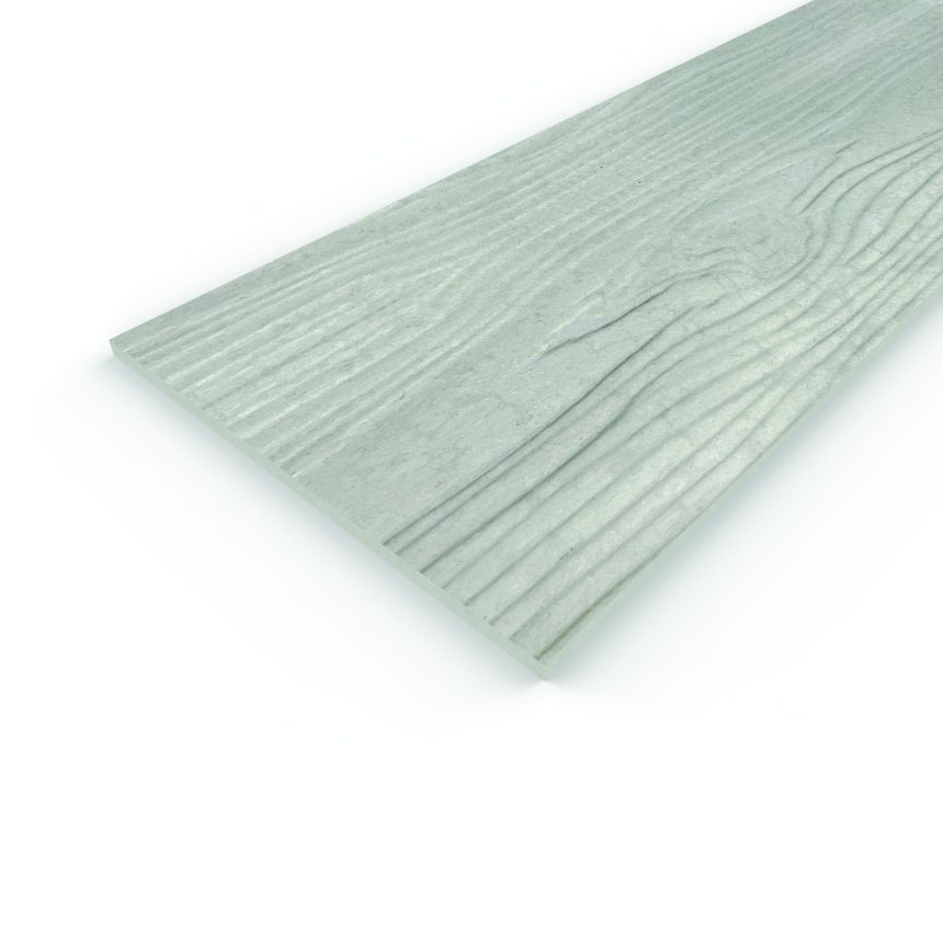 A close-up of a Duraplank™ Woodgrain panel, featuring a light grey finish and a textured grain pattern. The rectangular wood panel is positioned diagonally against a plain white background.