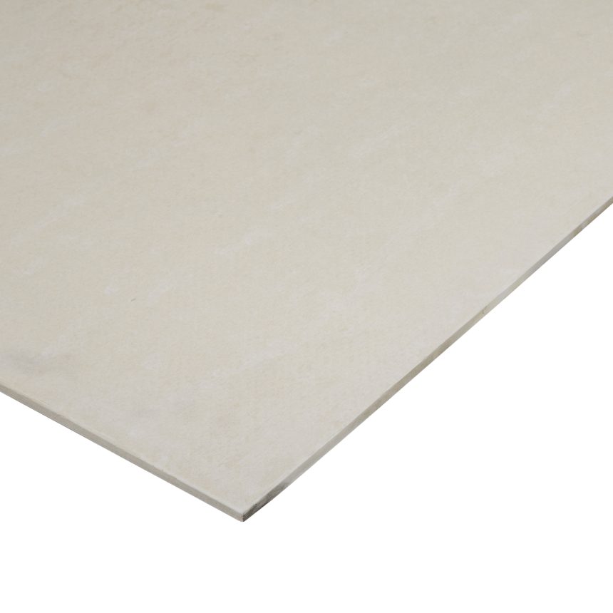 A close-up view of the edge of a beige, rectangular Durasheet™ 6mm tile with a smooth surface, set against a white background.