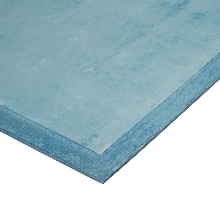 Close-up of a corner of a stack of Duratex™ blue rigid sheets, highlighting their textured surfaces and clean edges. The sheets display a sky blue hue with subtle variations in tone.