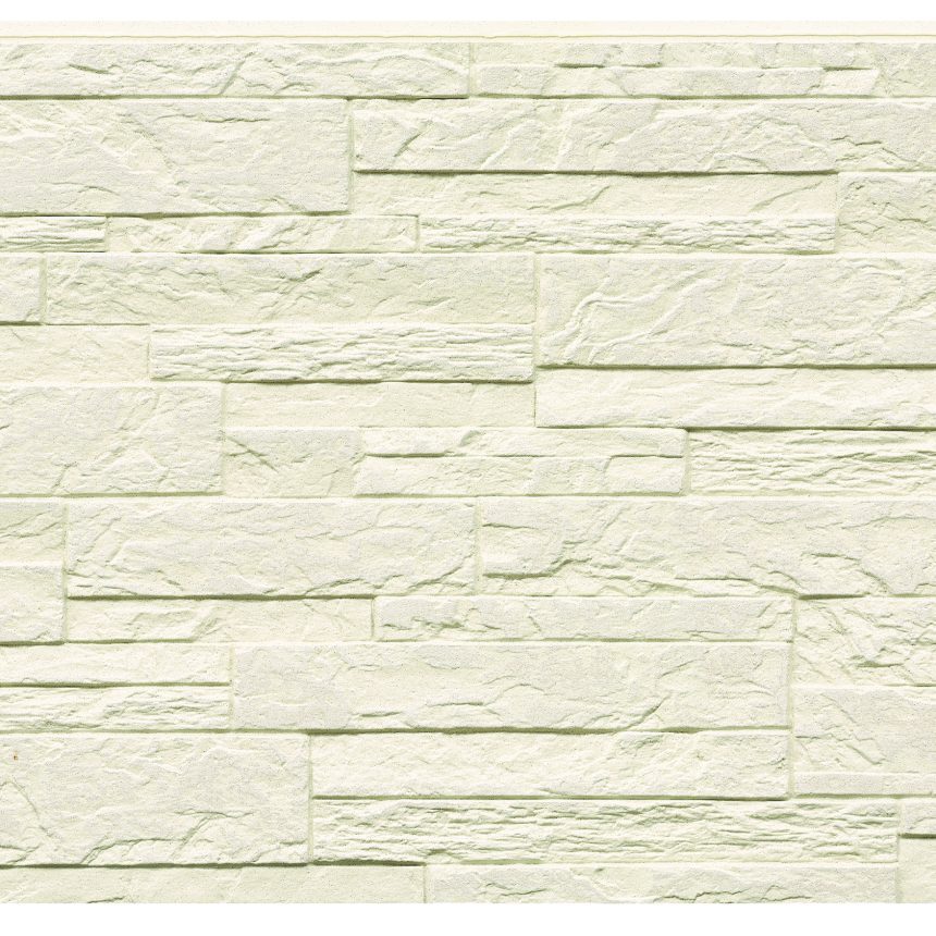 A textured wall featuring the Innova Montage Stackstone Limestone, with a pattern of rectangular and square stone tiles in various sizes. The stones are arranged in a stacked formation, displaying a light cream color with subtle shading and natural stone details.
