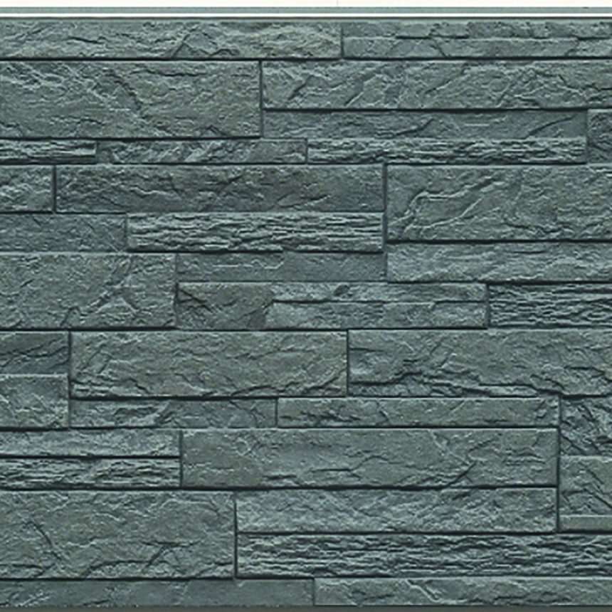 The Innova Montage Stackstone Onyx is a textured wall featuring a brick-like pattern made of uneven rectangular blocks. It showcases stones in various shades of grey with a slightly rough surface, offering a natural and rugged appearance.