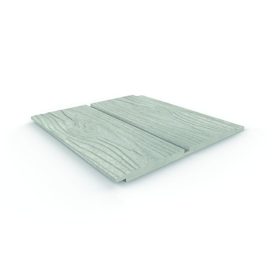 A close-up view of two Stratum™ Duo Woodgrain cladding, featuring a grey hue and wood grain texture, placed side by side on a plain white background.
