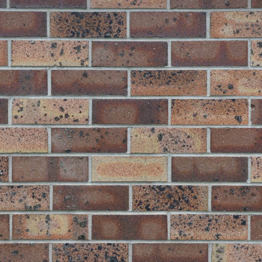 A close-up of a red brick wall features the Homestead North West Blend style, showcasing horizontal bricks. The varying shades of red and brown, speckled and rough in texture, are beautifully complemented by thin grey mortar lines.