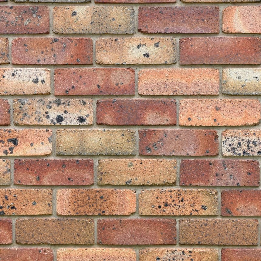 The image shows a close-up of a brick wall made with the Sandstock North West Blend, featuring reddish, brown, and beige bricks. The diverse textures include some bricks with dark spots and patches. This weathered appearance enhances its rustic charm.