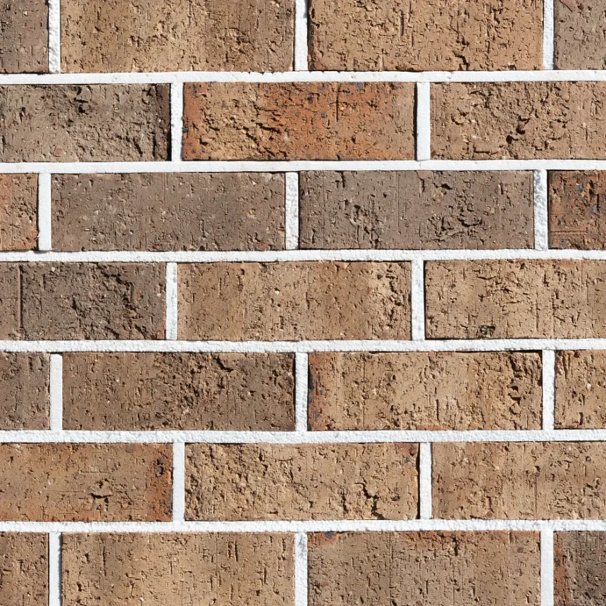 The image features a close-up of a brick wall consisting of uniform, rectangular bricks in different shades of brown, interspersed with the occasional Daniel Robertson Traditional Grey Blend. The bricks are arranged in a tidy horizontal pattern, highlighted by white mortar lines that add to the rustic and textured look.