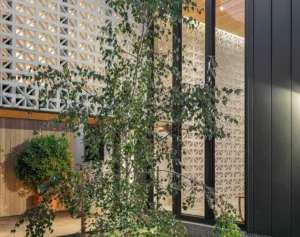 A modern building exterior showcases a geometric white screen wall made with GB Breeze Blocks Wedge Nickel, complemented by tall glass windows, warm wood ceiling accents, and a leafy green tree in the foreground.
