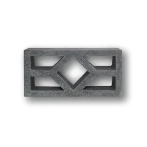 The GB Breeze Blocks Diamond Pewter is a dark grey concrete block with a rectangular shape and geometric cutouts—featuring a central diamond and two horizontal bars per side—ideal for adding modern style to any space.