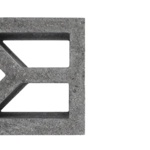 Close-up of a gray GB Breeze Blocks Arc Pottery with geometric cutouts, partially visible on the left side of a white background.