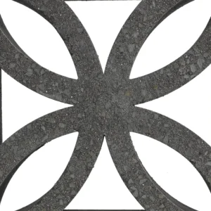 GB Breeze Blocks Flower Pewter: rectangular slab with a cut-out geometric pattern of intersecting curves, creating a symmetrical, flower-like design in dark, textured pottery on a white background.