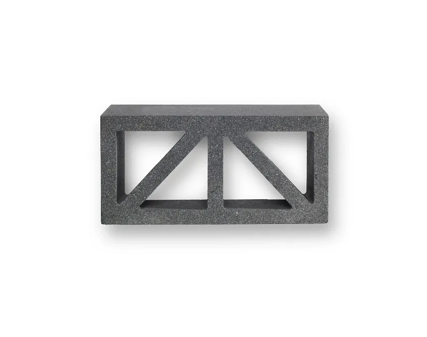 The GB Breeze Blocks Wedge Nickel is a rectangular, dark gray concrete block with a hollow center and diagonal supports creating triangular geometric sections. It is shown against a white background.