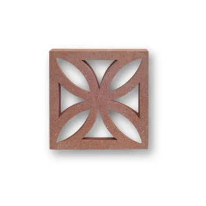The GB Breeze Blocks Flower Pottery is a rectangular terracotta-colored block featuring four curved, petal-like cutouts meeting at the center, forming a symmetrical geometric pattern inspired by Arc Pottery.