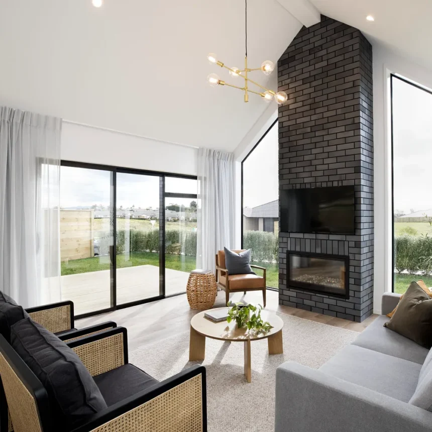 Modern living room with large windows, black brick fireplace, mounted TV, gray sofa, and two La Palomo Azul chairs with cane sides beside a round wooden coffee table on light wood floors and sheer curtains leading to the patio.
