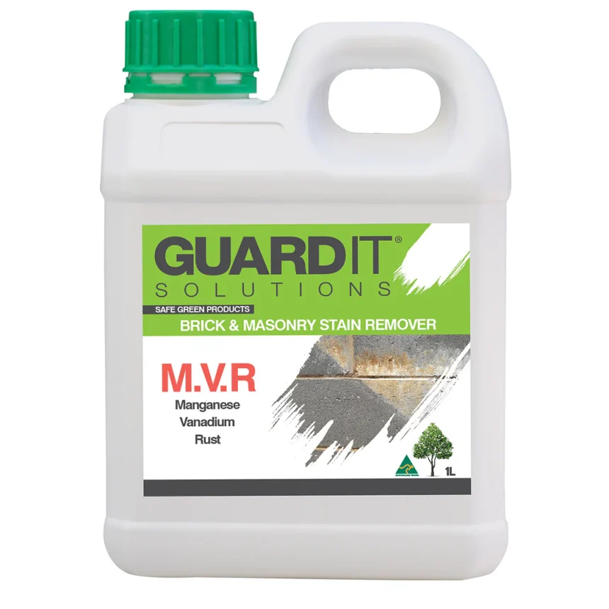 A 1-liter white plastic container of GuardIT MVR Manganese Vanadium Rust Stain Remover, featuring a green cap. The label displays images of stained masonry and a tree, highlighting its effectiveness against manganese, vanadium, and rust stains.