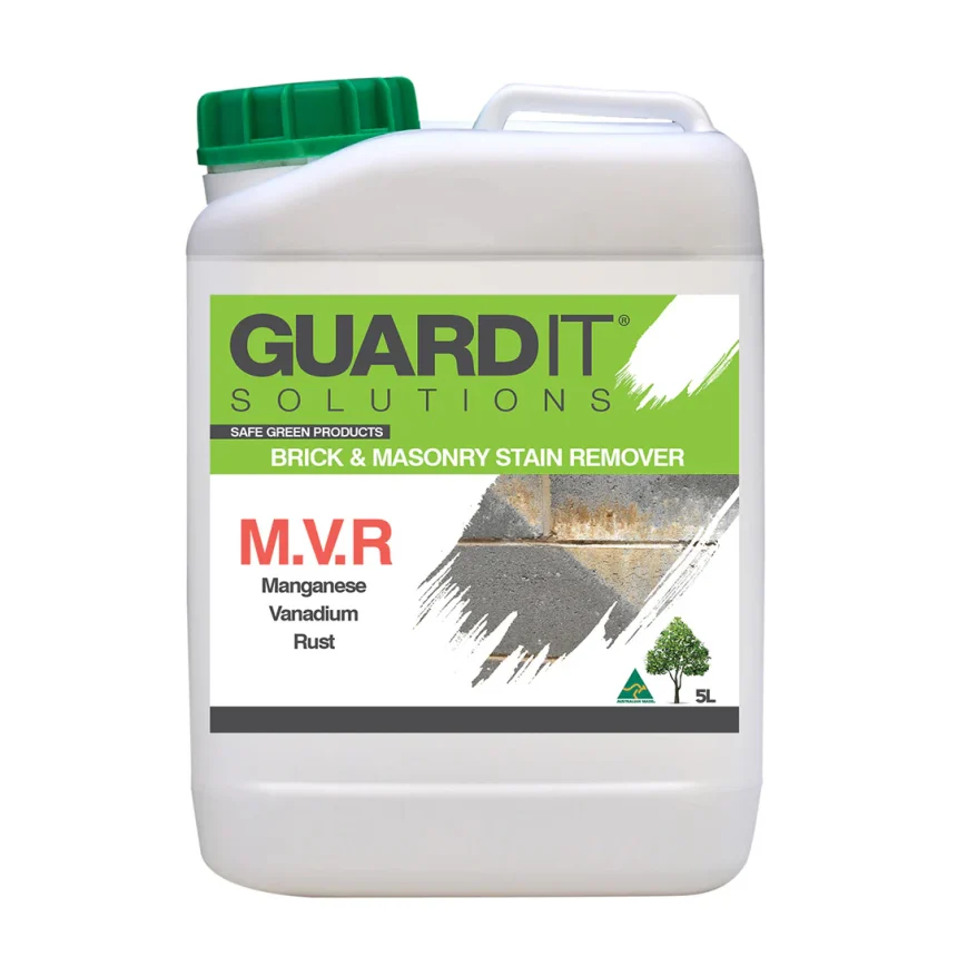 A 5-liter white container of GuardIT MVR Manganese Vanadium Rust Stain Remover, featuring a green top and highlighting its effectiveness against manganese, vanadium, and rust stains.