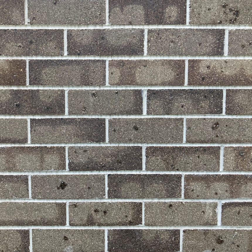 A close-up of a brick wall features rectangular Homestead Dark Silver Grey bricks with white mortar joints. The textured surface exhibits dark spots and varying shades, enhanced by hints of Dark Silver Grey, which add depth and character to the classic design.