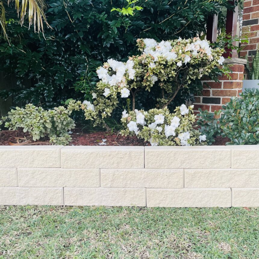 A small garden has a bush with white flowers and green foliage, bordered by Broughton Garden Edge Basalt bricks. Grass covers the front, with leafy bushes and part of a brick building in the background.