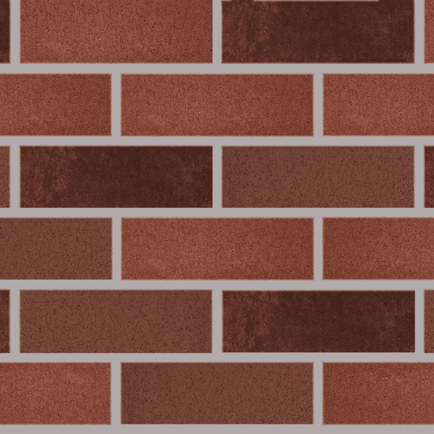 A configuration of red and brown rectangular bricks, incorporating various shades of Designer Smooth Auburn, laid out horizontally to create a timeless brick wall design. The subtle variations in shade contribute to the texture and depth across the pattern.