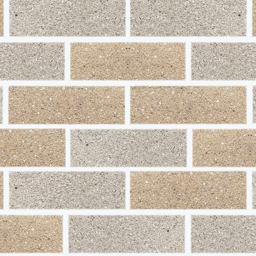 A pattern of Designer Refined Limestone Bricks, with alternating beige and grey shades laid out in a horizontal grid, creates a uniform, textured design reminiscent of limestone.