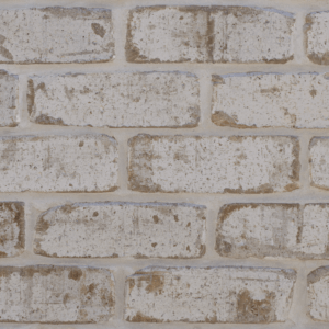 A close-up of Manhatten East Hampton (Recycled Look) brick shows its light color, rough texture, visible mortar lines, and weathered, rustic charm with brown patches for an authentic East Hampton vibe.