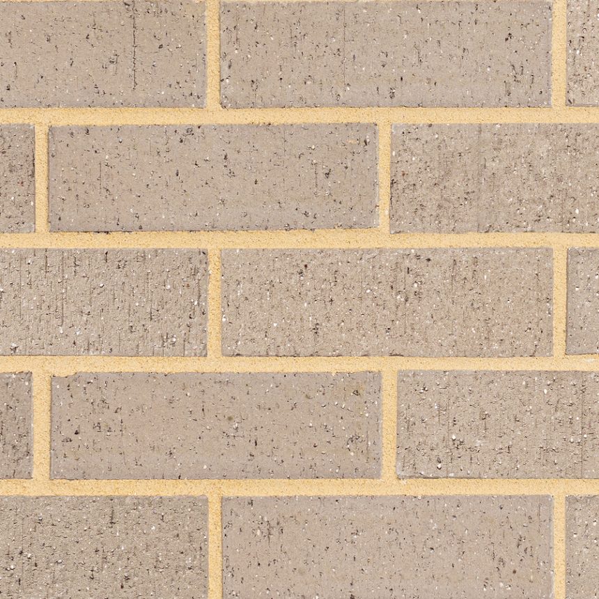 A close-up view of a wall built with Nouveau Grey bricks highlights their uniform size and shape, displaying a speckled texture in a light grey color. The pale yellow mortar provides a subtle contrast to the hue of the bricks, enhancing their sophisticated look.
