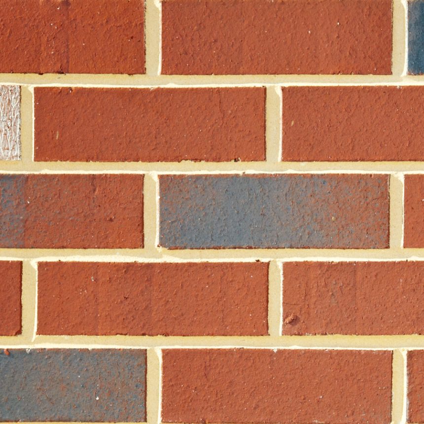 A brick wall featuring a pattern of alternating Restoration Red bricks and gray-blue bricks, with a single whitewashed brick. The light beige mortar highlights a distinct grid effect.