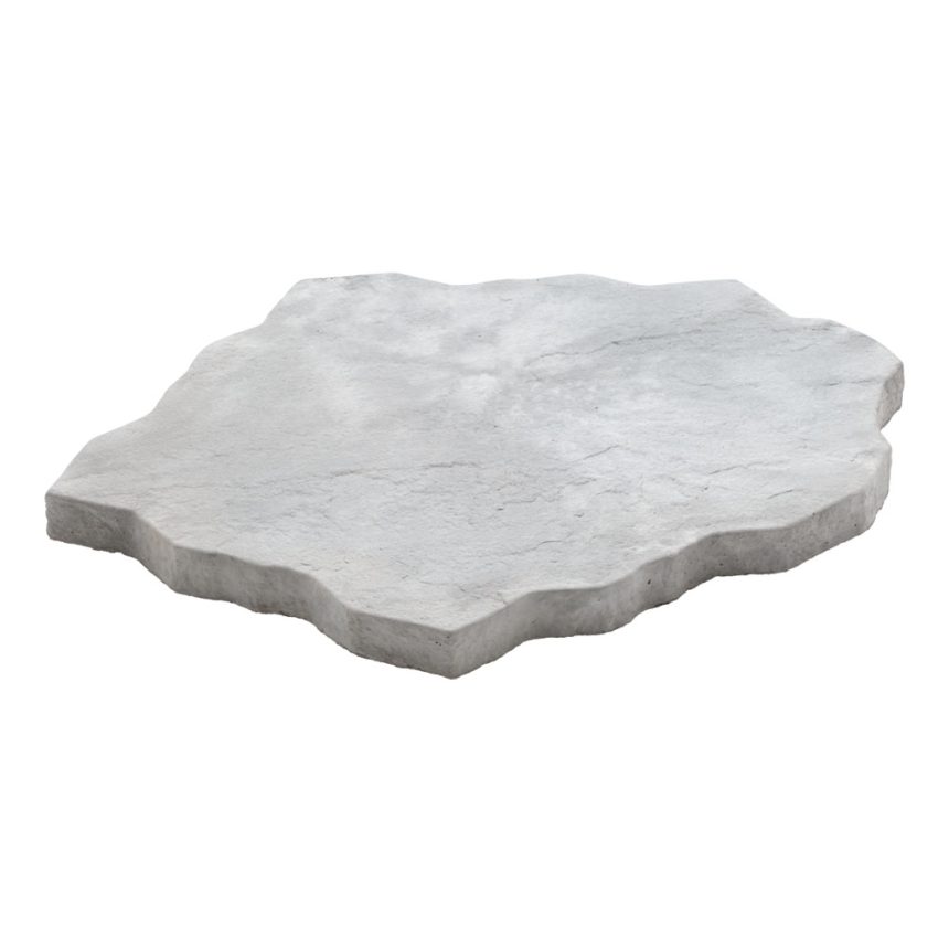The Romanstone Dolomite is a flat, irregularly shaped slab with a light grey colour and rough, jagged edges. Its textured surface imitates natural cut stone, capturing the timeless beauty of dolomite.