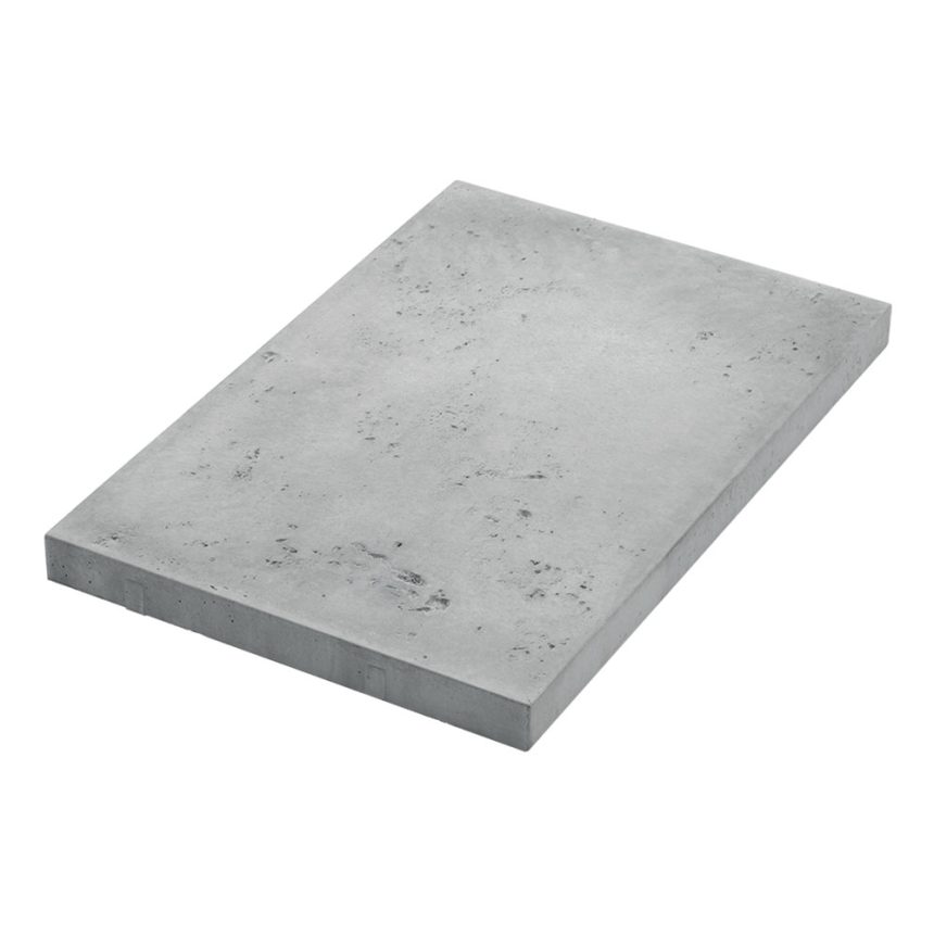 A rectangular concrete slab with a smooth, flat finish and some natural blemishes, similar to the Travertine 600 Silver product. It features a light gray color and is showcased against a white background.