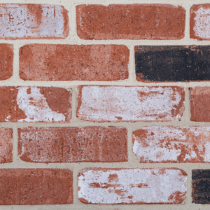 A close-up of the Manhatten Tribeca (Recycled Look) brick wall shows red and black rectangular bricks with white patches, set horizontally in beige mortar, offering a distinctive recycled aesthetic.