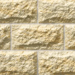 A close-up view of a beige and tan stone brick wall featuring GB Sandstone Rockface Sydney Blend, with rectangular stones, rough textured surfaces, and visible mortar lines.