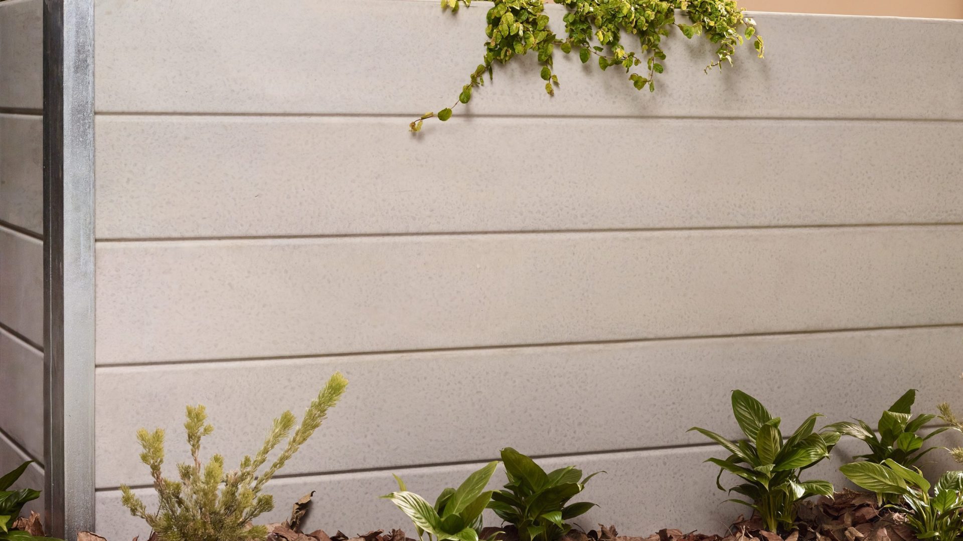 A light gray horizontal panel fence, reminiscent of Austral Bricks' elegant finishes, is bordered by greenery. Climbing ivy adorns the top, while green plants at the base rest among dry leaves. A muted beige wall forms the serene backdrop.