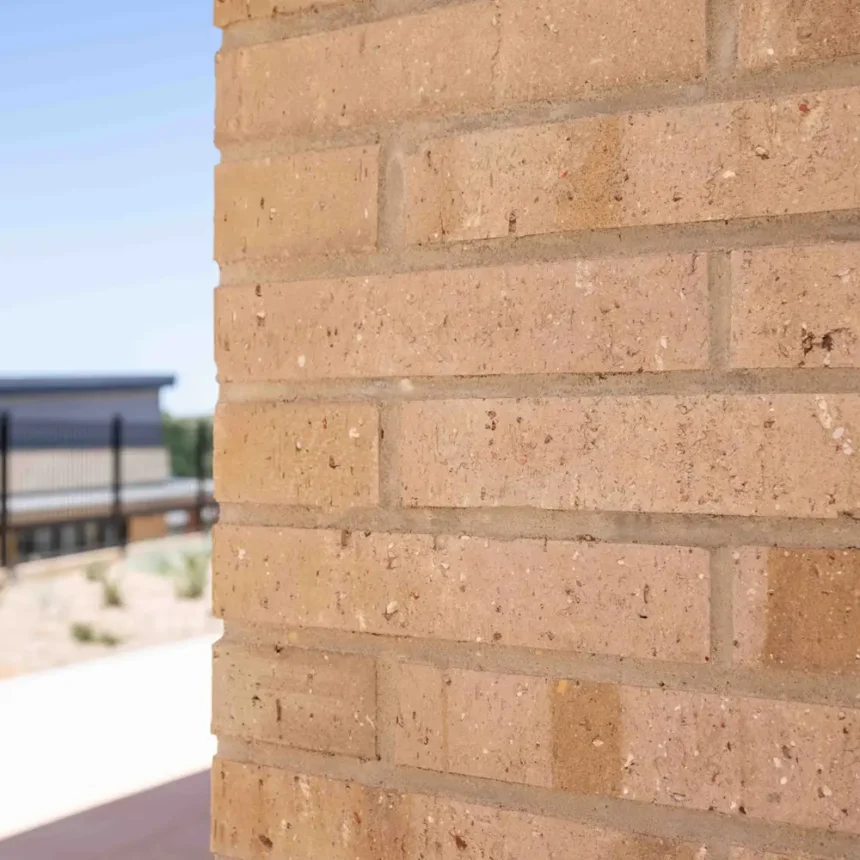 Close-up of a sunlit corner with New Ash Long Bricks in a beige hue. The blurred fence, open sky, and distant building in the background subtly emphasize the outdoor setting.