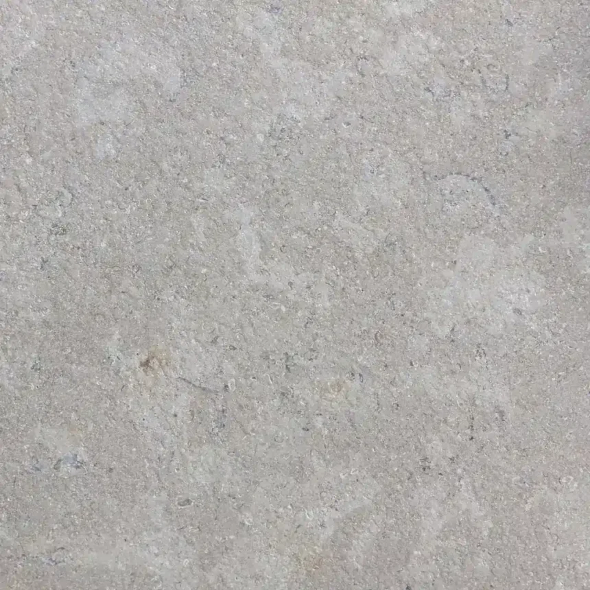 A close-up of a Sinai Pearl Acid Wash & Tumbled Paver reveals a light grey stone surface with subtle texture and natural patterns, giving it a gently weathered look reminiscent of limestone or concrete.