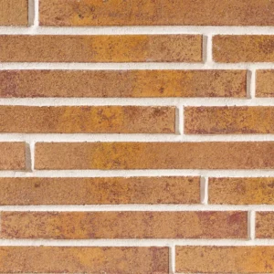 Close-up of a wall built with Pottery Blend Raku Rouge bricks in horizontal rows. The reddish-brown bricks have visible mortar lines and display natural color variation with subtle black and tan shading.