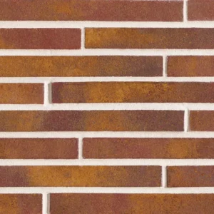 A close-up view of a brick wall featuring Pottery Blend Raku Rouge, with smooth black and tan rectangular bricks in a staggered horizontal pattern, separated by white mortar lines.
