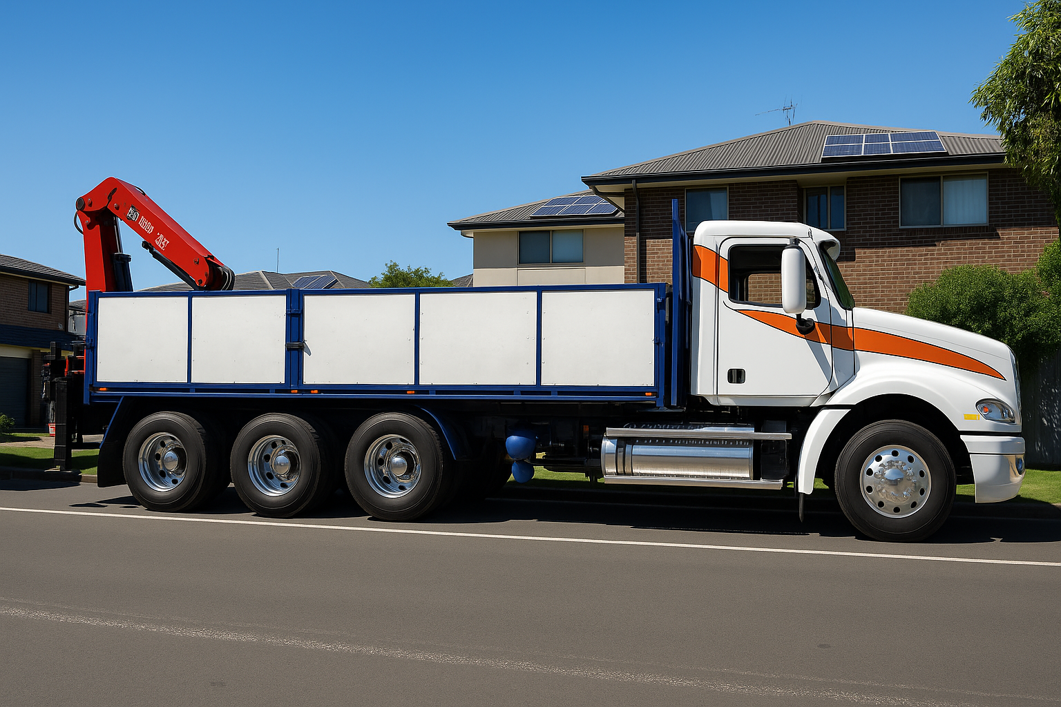 A large white and blue flatbed truck with an orange stripe, a red crane attachment, and Brick Matching equipment is parked on a residential street in front of houses with solar panels on their roofs.