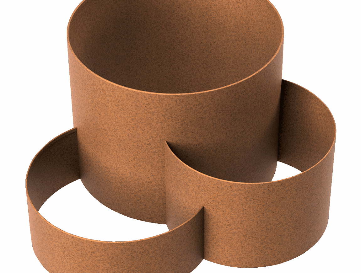A 3D rendering of three intersecting, rust-colored cylindrical shapes with hollow centers, arranged in a geometric composition on a white background.