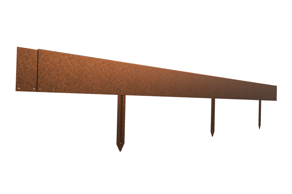 A long, weathered metal landscape edging strip with three vertical stakes for securing it into the ground, set against a transparent background.