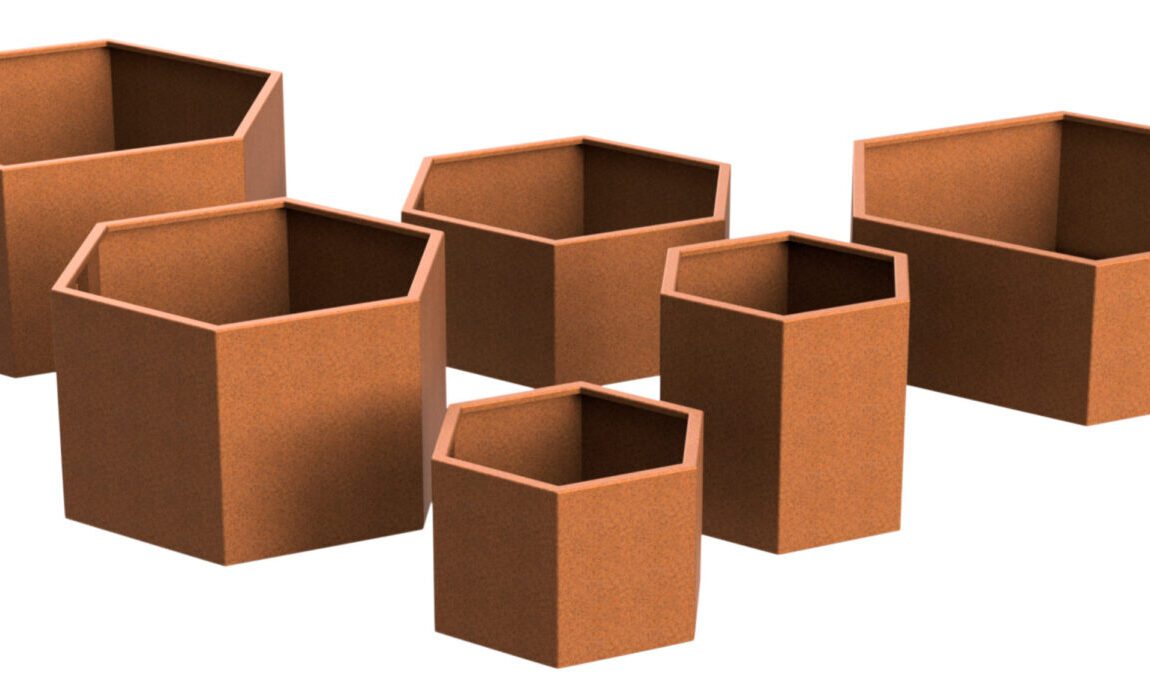 Six brown, hexagonal planters of varying sizes are arranged together on a white background. The planters have a rusty, metallic appearance and are open at the top.