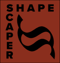 A brown square logo with the word SHAPE at the top, SCAPER vertically on the left, and a bold, abstract black shape resembling an S in the center.