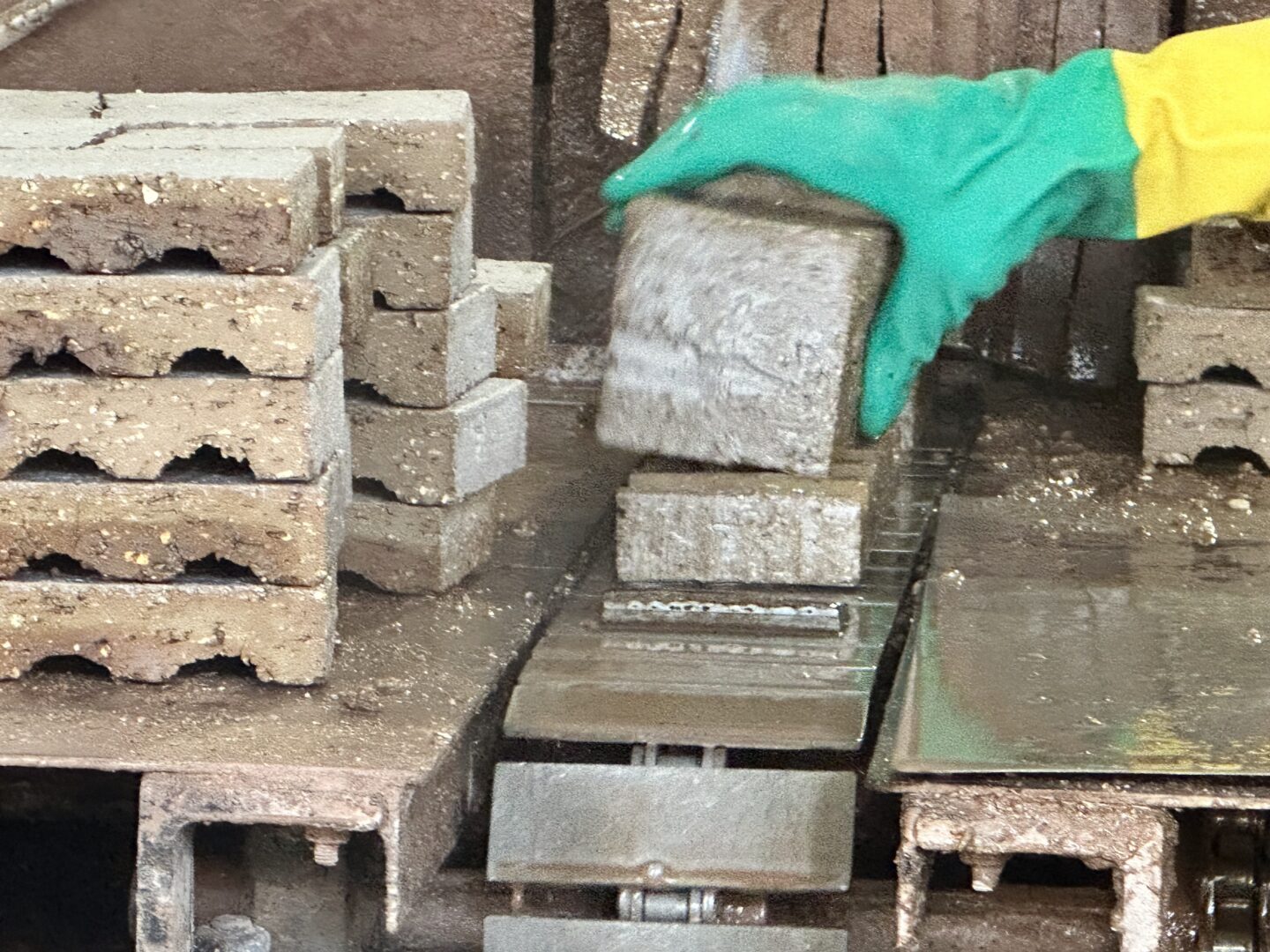 A person wearing a green and yellow glove stacks rectangular metal bricks on a conveyor, with more bricks piled in the background and visible metallic dust—showcasing the production of lightweight brick cladding components.