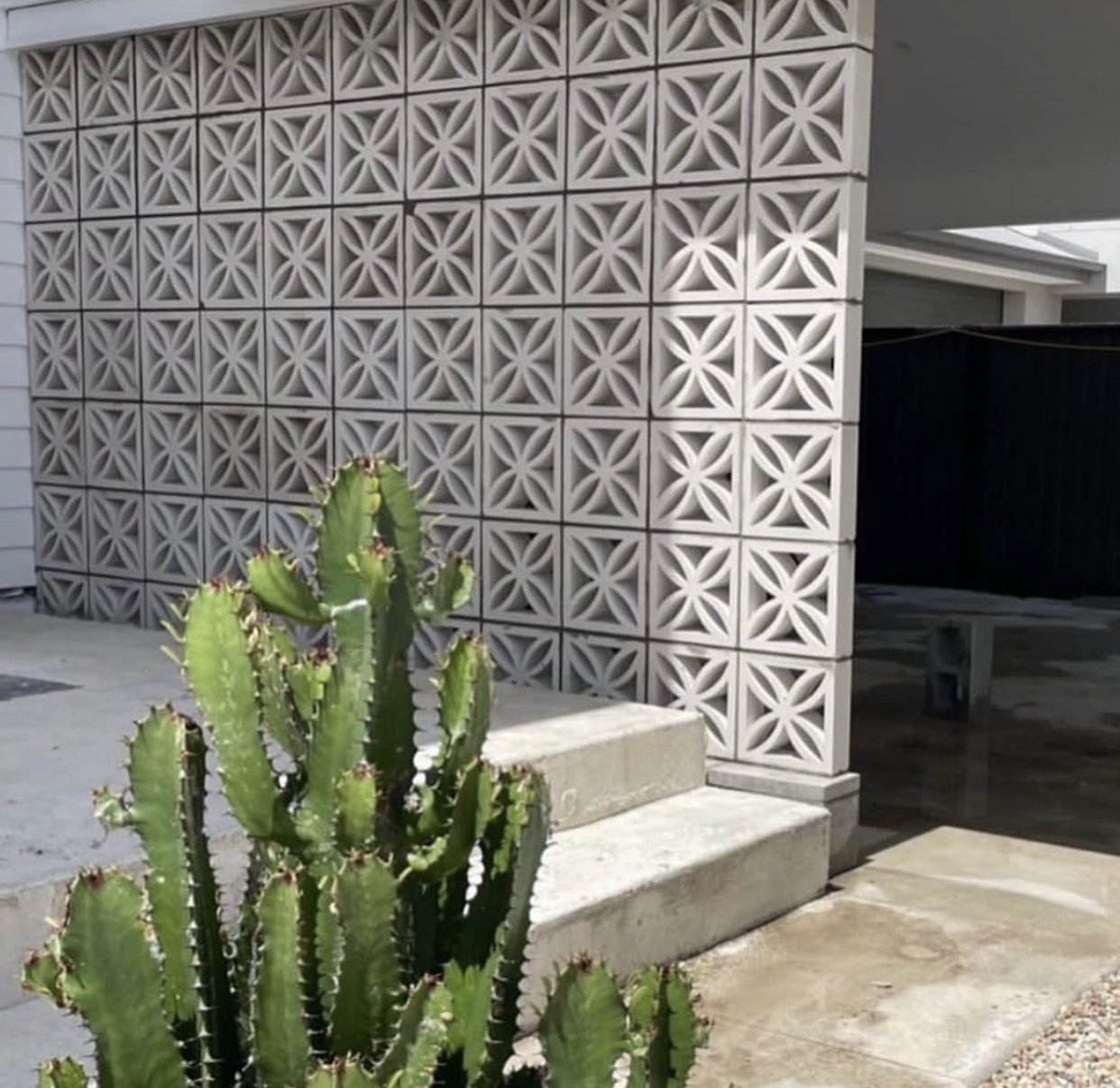 A green cactus grows in front of a modern house with decorative breeze blocks featuring geometric patterns, forming a partial wall beside concrete steps.