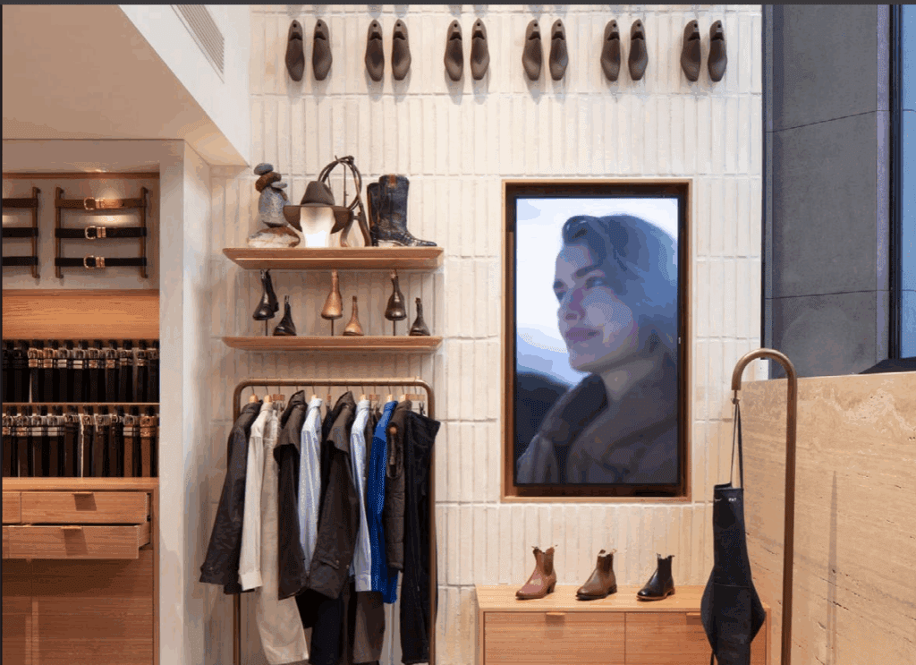 A clothing store display features jackets, boots, and shoes neatly arranged against a wall constructed with recycled bricks, while a large digital screen shows a close-up of a woman looking thoughtfully into the distance.