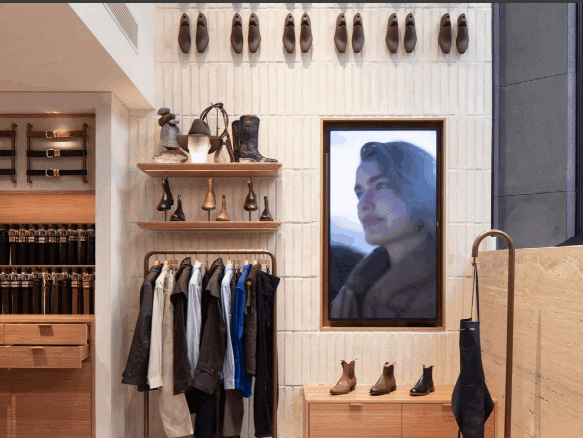 A clothing store display features jackets, boots, and shoes neatly arranged against a wall constructed with recycled bricks, while a large digital screen shows a close-up of a woman looking thoughtfully into the distance.